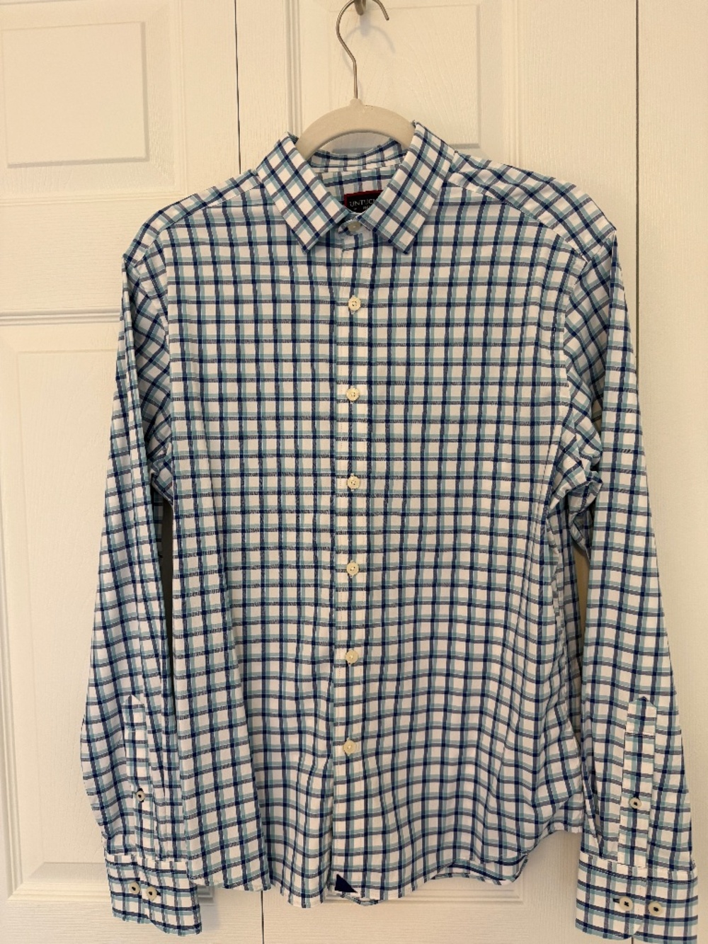 UNTUCKit Foris Performance Stretch Blue Plaid Shirt Regular Fit Small